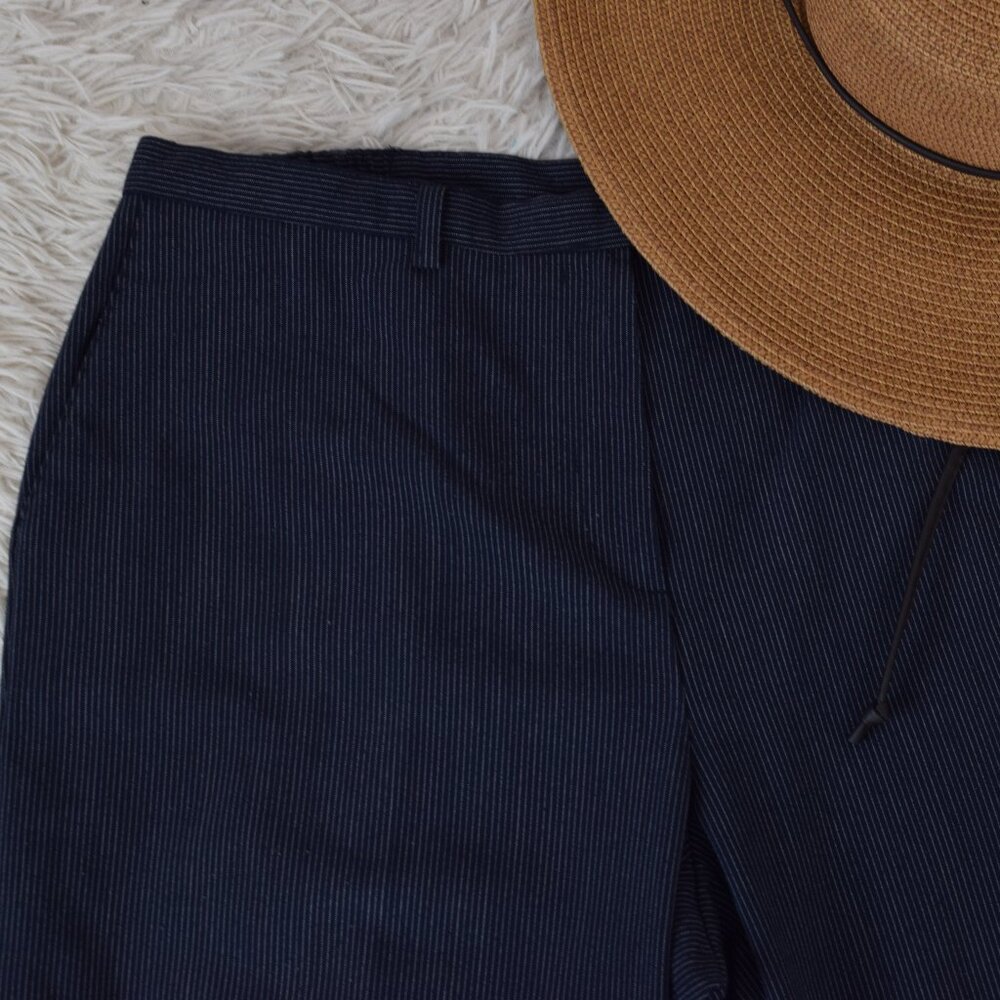 Vintage 90s Navy Chalk Stripe Flat Front Straight Leg Trousers | 33 waist